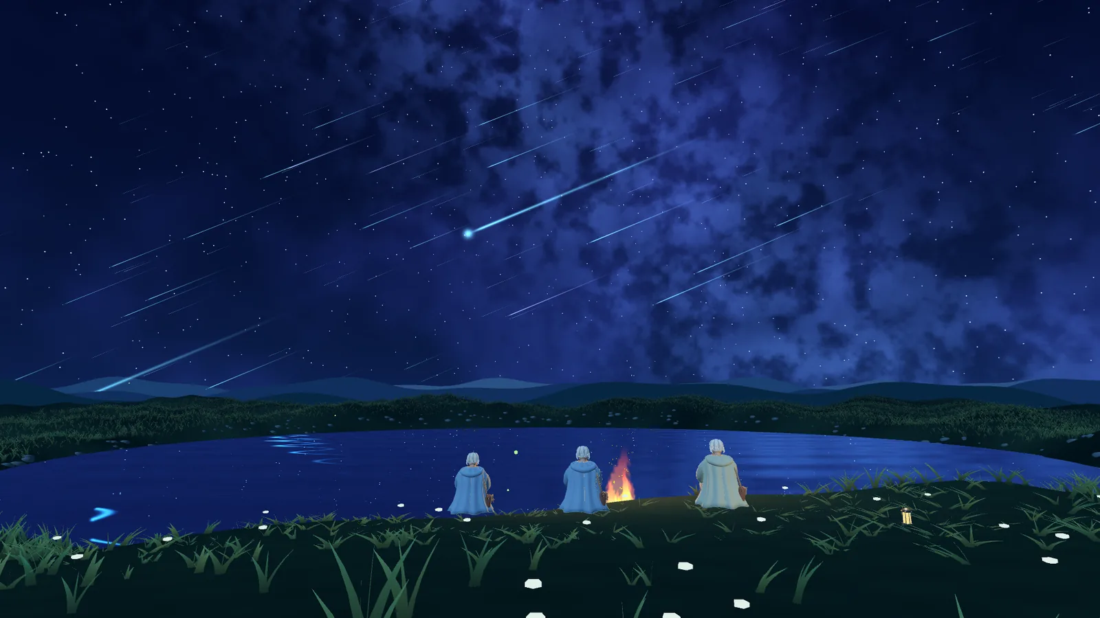 Three travelers sit side by side at a lakeside campfire as a meteor shower crosses the night sky