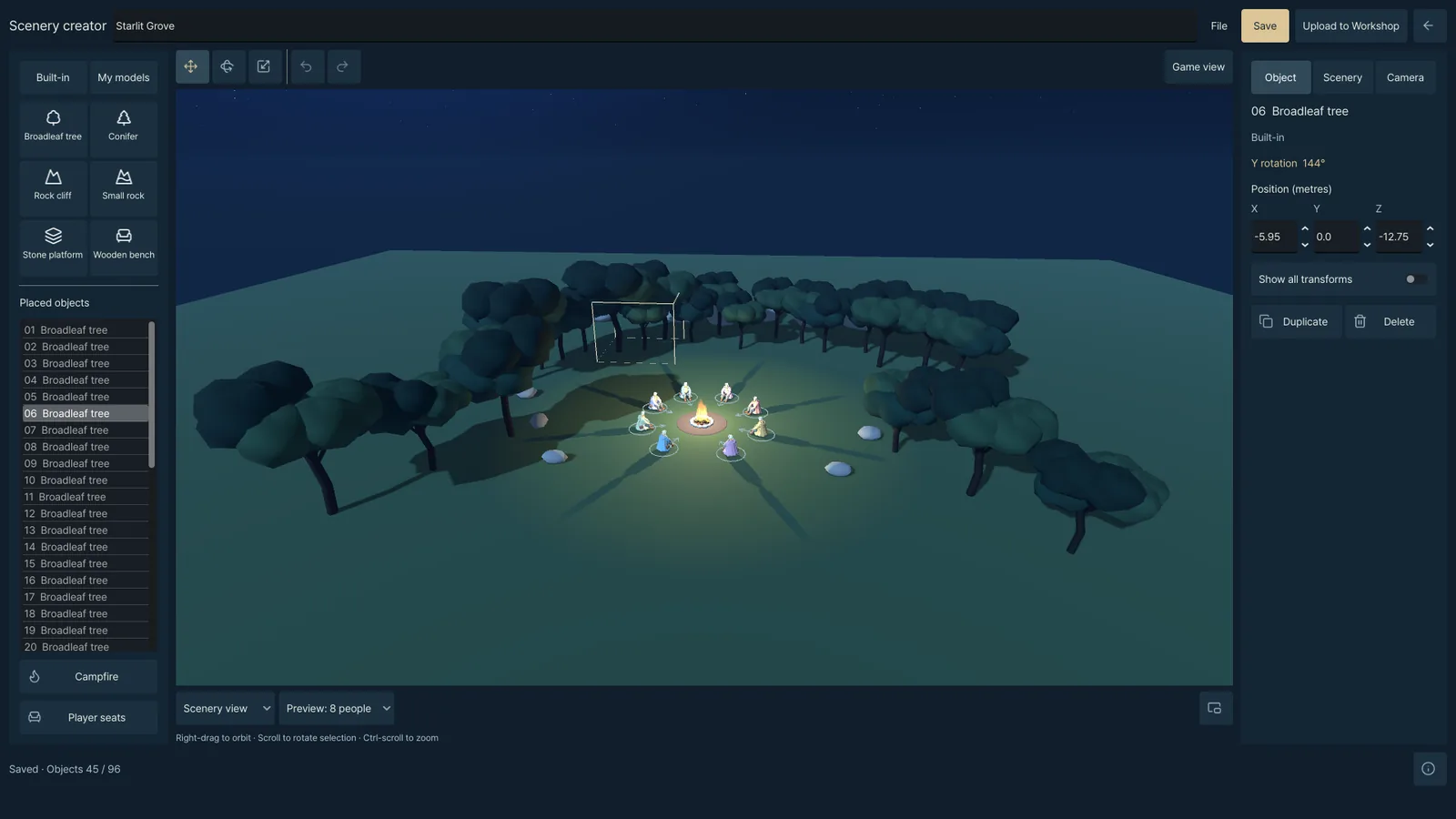 The scenery creator: placing trees, rocks, a campfire and eight seats