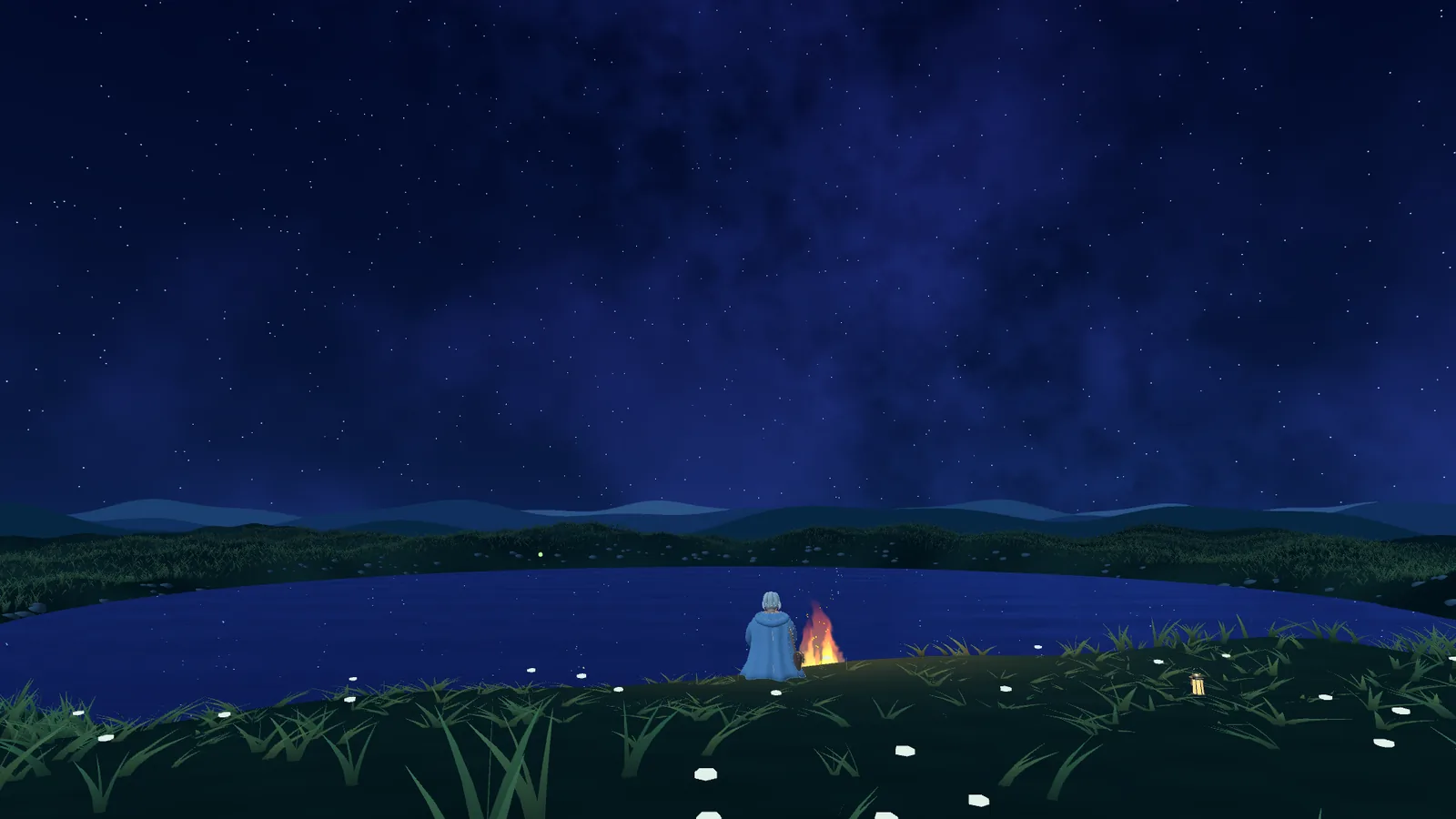 A traveler sits beside a campfire on the lakeshore